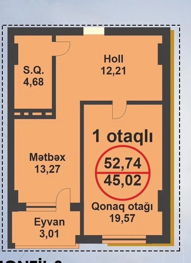 Satılır yeni tikili 1 otaqlı 52 m²,  Xırdalan-1